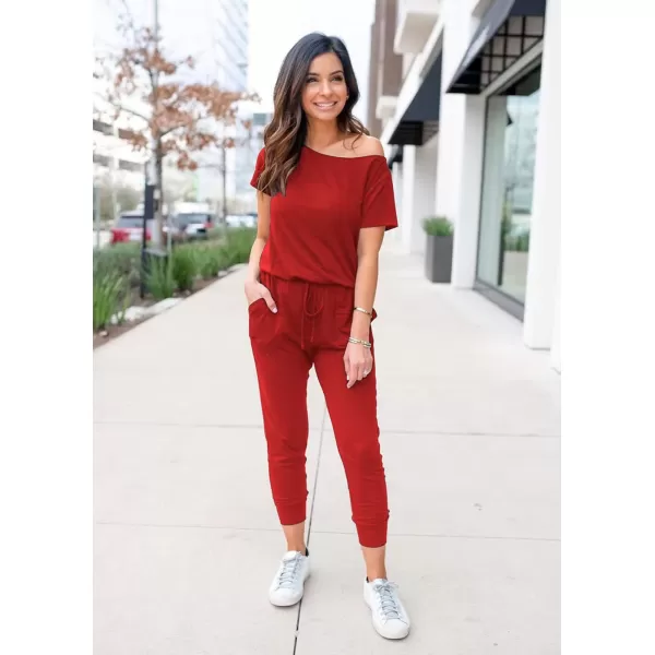 imagePRETTYGARDEN Womens Loose Solid Off Shoulder Elastic Waist Stretchy Long Romper JumpsuitRed
