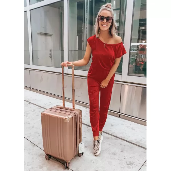 imagePRETTYGARDEN Womens Loose Solid Off Shoulder Elastic Waist Stretchy Long Romper JumpsuitRed