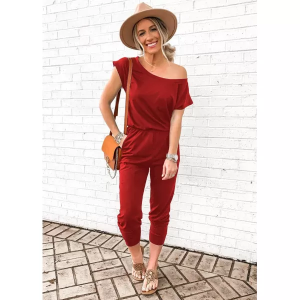 imagePRETTYGARDEN Womens Loose Solid Off Shoulder Elastic Waist Stretchy Long Romper JumpsuitRed