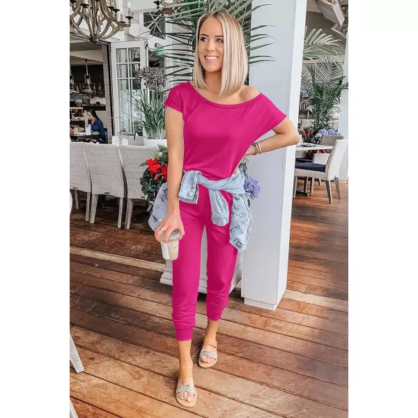 imagePRETTYGARDEN Womens Loose Solid Off Shoulder Elastic Waist Stretchy Long Romper JumpsuitRose Red
