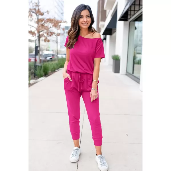 imagePRETTYGARDEN Womens Loose Solid Off Shoulder Elastic Waist Stretchy Long Romper JumpsuitRose Red