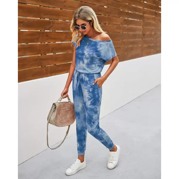 imagePRETTYGARDEN Womens Loose Solid Off Shoulder Elastic Waist Stretchy Long Romper JumpsuitTie Dyedark Blue