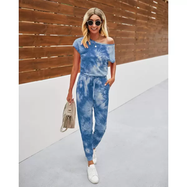 imagePRETTYGARDEN Womens Loose Solid Off Shoulder Elastic Waist Stretchy Long Romper JumpsuitTie Dyedark Blue