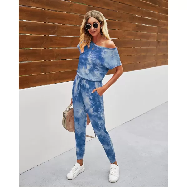imagePRETTYGARDEN Womens Loose Solid Off Shoulder Elastic Waist Stretchy Long Romper JumpsuitTie Dyedark Blue