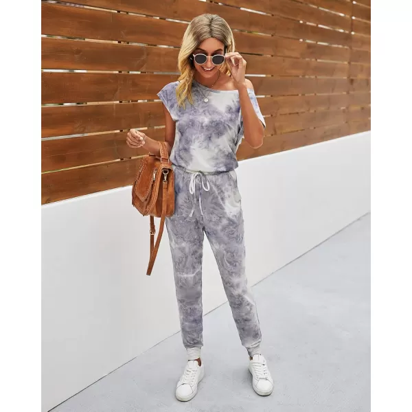 imagePRETTYGARDEN Womens Loose Solid Off Shoulder Elastic Waist Stretchy Long Romper JumpsuitTie Dyegrey