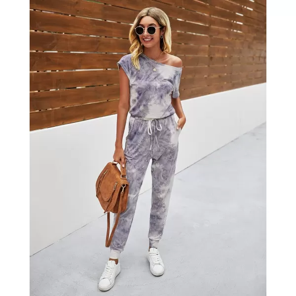 imagePRETTYGARDEN Womens Loose Solid Off Shoulder Elastic Waist Stretchy Long Romper JumpsuitTie Dyegrey