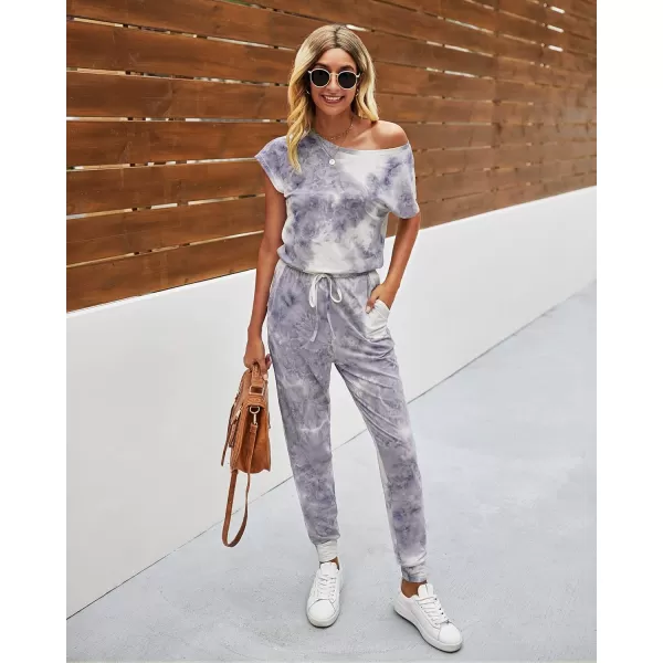 imagePRETTYGARDEN Womens Loose Solid Off Shoulder Elastic Waist Stretchy Long Romper JumpsuitTie Dyegrey