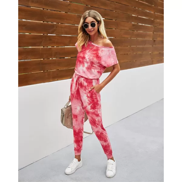 imagePRETTYGARDEN Womens Loose Solid Off Shoulder Elastic Waist Stretchy Long Romper JumpsuitTie Dyered