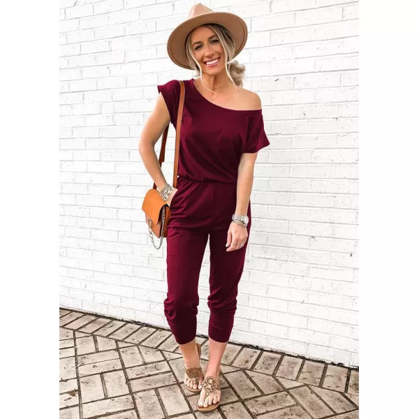 imagePRETTYGARDEN Womens Loose Solid Off Shoulder Elastic Waist Stretchy Long Romper JumpsuitWine Red