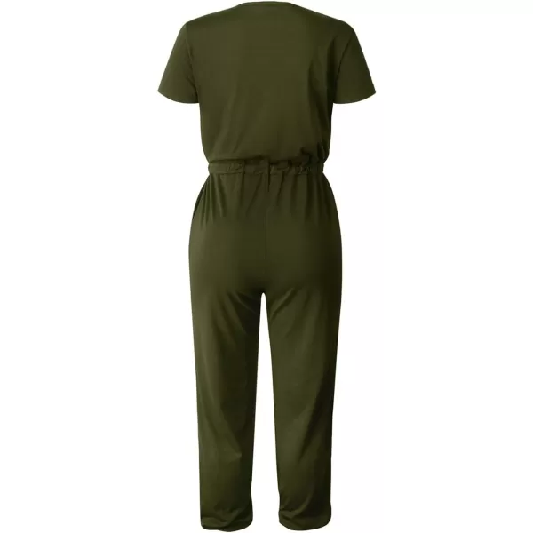 imagePRETTYGARDEN Womens Summer Casual Deep V Neck Short Sleeve Wrap Drawstring Waist Jumpsuit RomperArmy Green