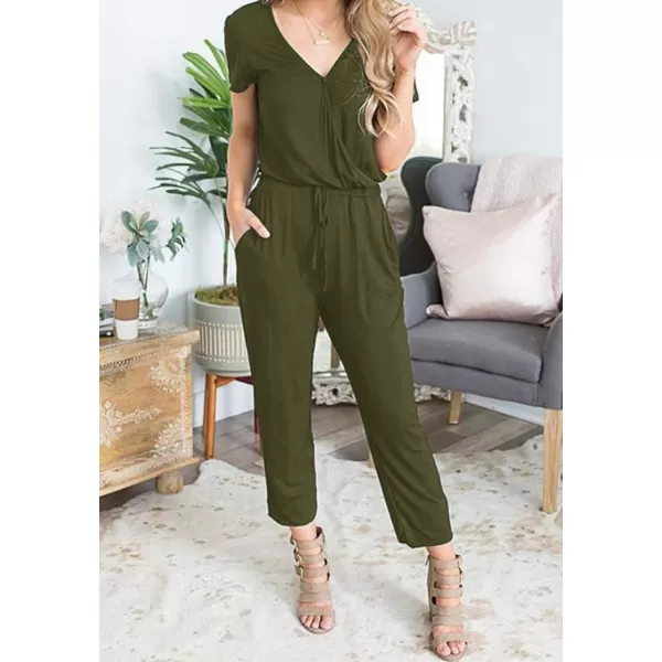 imagePRETTYGARDEN Womens Summer Casual Deep V Neck Short Sleeve Wrap Drawstring Waist Jumpsuit RomperArmy Green