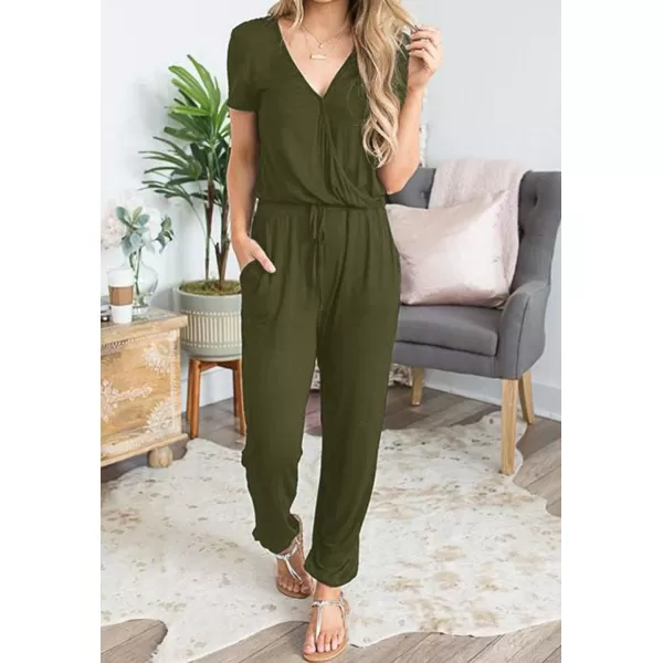 imagePRETTYGARDEN Womens Summer Casual Deep V Neck Short Sleeve Wrap Drawstring Waist Jumpsuit RomperArmy Green