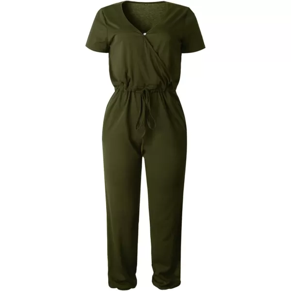 imagePRETTYGARDEN Womens Summer Casual Deep V Neck Short Sleeve Wrap Drawstring Waist Jumpsuit RomperArmy Green