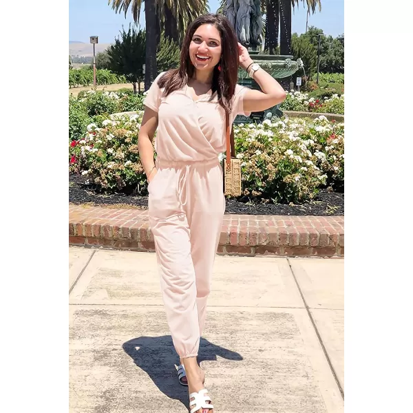 imagePRETTYGARDEN Womens Summer Casual Deep V Neck Short Sleeve Wrap Drawstring Waist Jumpsuit RomperBeige