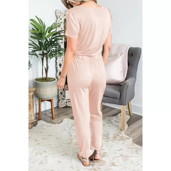 imagePRETTYGARDEN Womens Summer Casual Deep V Neck Short Sleeve Wrap Drawstring Waist Jumpsuit RomperBeige