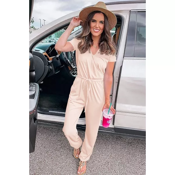 imagePRETTYGARDEN Womens Summer Casual Deep V Neck Short Sleeve Wrap Drawstring Waist Jumpsuit RomperBeige