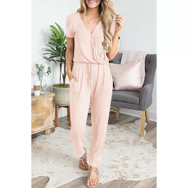 imagePRETTYGARDEN Womens Summer Casual Deep V Neck Short Sleeve Wrap Drawstring Waist Jumpsuit RomperBeige