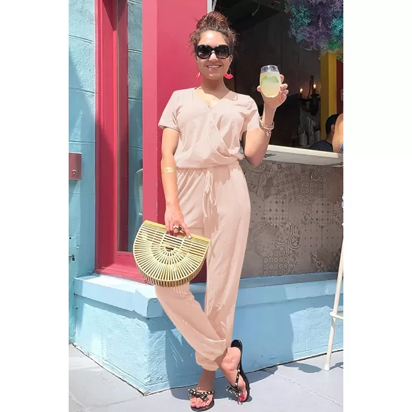 imagePRETTYGARDEN Womens Summer Casual Deep V Neck Short Sleeve Wrap Drawstring Waist Jumpsuit RomperBeige