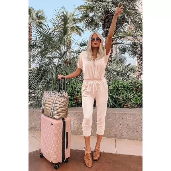 imagePRETTYGARDEN Womens Summer Casual Deep V Neck Short Sleeve Wrap Drawstring Waist Jumpsuit RomperBeige