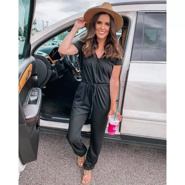 imagePRETTYGARDEN Womens Summer Casual Deep V Neck Short Sleeve Wrap Drawstring Waist Jumpsuit RomperBlack