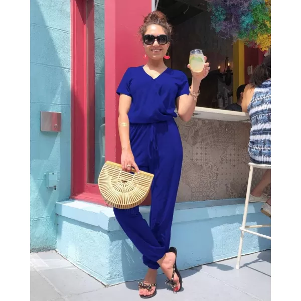imagePRETTYGARDEN Womens Summer Casual Deep V Neck Short Sleeve Wrap Drawstring Waist Jumpsuit RomperBlue