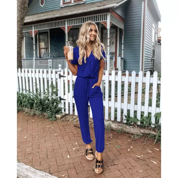 imagePRETTYGARDEN Womens Summer Casual Deep V Neck Short Sleeve Wrap Drawstring Waist Jumpsuit RomperBlue