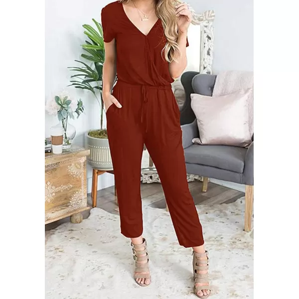 imagePRETTYGARDEN Womens Summer Casual Deep V Neck Short Sleeve Wrap Drawstring Waist Jumpsuit RomperBrick Red