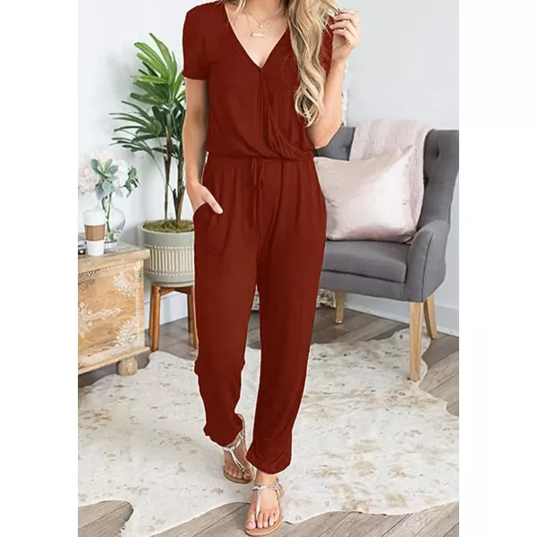 imagePRETTYGARDEN Womens Summer Casual Deep V Neck Short Sleeve Wrap Drawstring Waist Jumpsuit RomperBrick Red