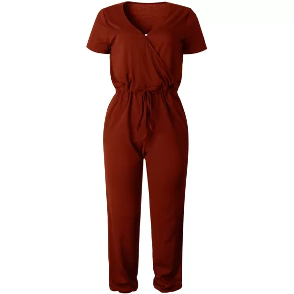 imagePRETTYGARDEN Womens Summer Casual Deep V Neck Short Sleeve Wrap Drawstring Waist Jumpsuit RomperBrick Red