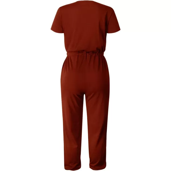 imagePRETTYGARDEN Womens Summer Casual Deep V Neck Short Sleeve Wrap Drawstring Waist Jumpsuit RomperBrick Red