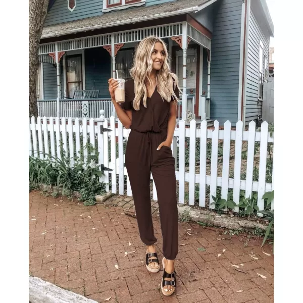 imagePRETTYGARDEN Womens Summer Casual Deep V Neck Short Sleeve Wrap Drawstring Waist Jumpsuit RomperCoffee