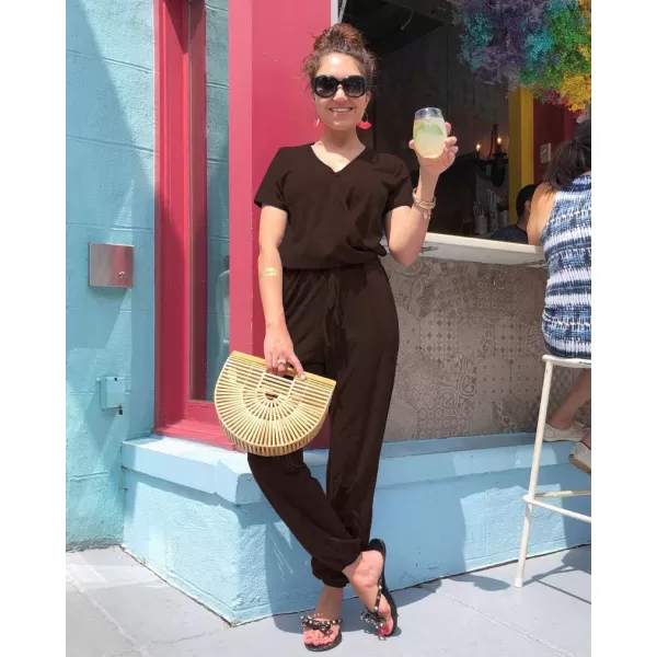 imagePRETTYGARDEN Womens Summer Casual Deep V Neck Short Sleeve Wrap Drawstring Waist Jumpsuit RomperCoffee