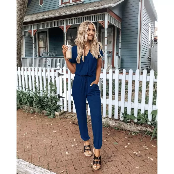 imagePRETTYGARDEN Womens Summer Casual Deep V Neck Short Sleeve Wrap Drawstring Waist Jumpsuit RomperDark Blue