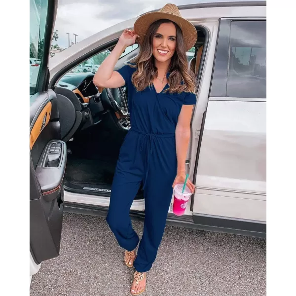 imagePRETTYGARDEN Womens Summer Casual Deep V Neck Short Sleeve Wrap Drawstring Waist Jumpsuit RomperDark Blue