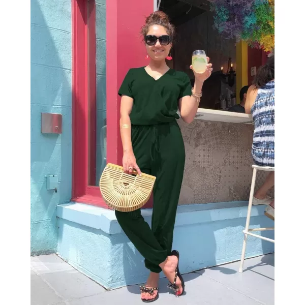 imagePRETTYGARDEN Womens Summer Casual Deep V Neck Short Sleeve Wrap Drawstring Waist Jumpsuit RomperDark Green