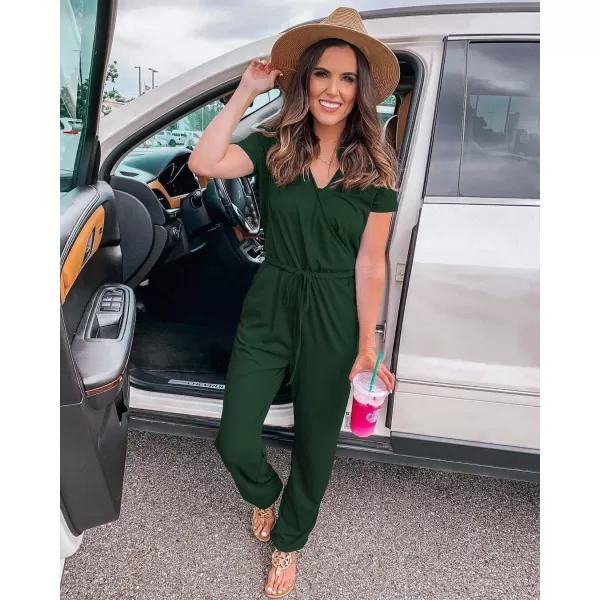 imagePRETTYGARDEN Womens Summer Casual Deep V Neck Short Sleeve Wrap Drawstring Waist Jumpsuit RomperDark Green