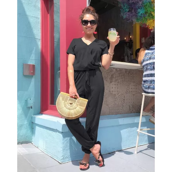 imagePRETTYGARDEN Womens Summer Casual Deep V Neck Short Sleeve Wrap Drawstring Waist Jumpsuit RomperDark Grey