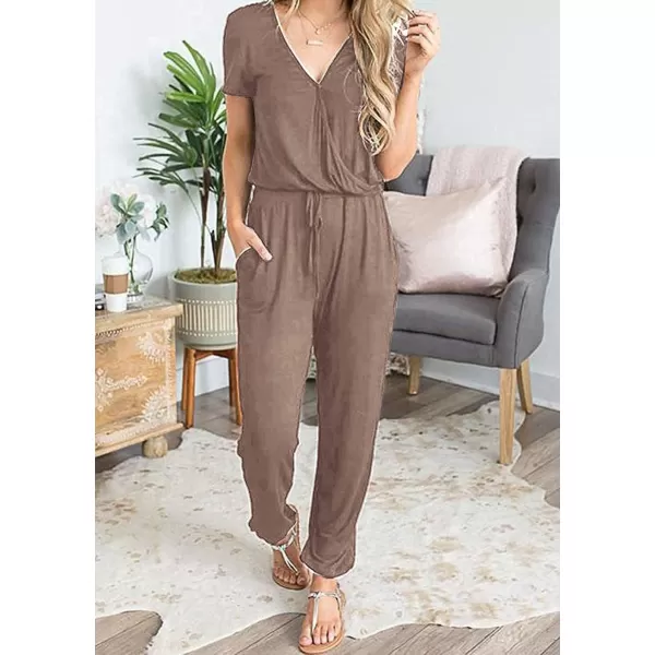 imagePRETTYGARDEN Womens Summer Casual Deep V Neck Short Sleeve Wrap Drawstring Waist Jumpsuit RomperDark Khaki