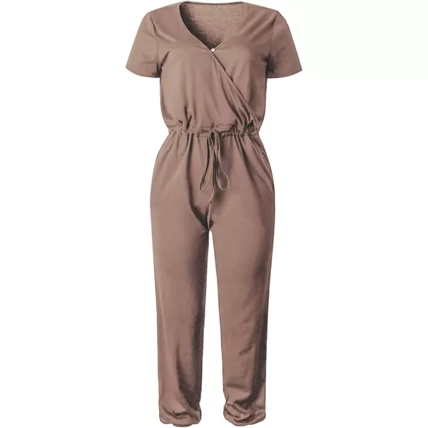 imagePRETTYGARDEN Womens Summer Casual Deep V Neck Short Sleeve Wrap Drawstring Waist Jumpsuit RomperDark Khaki