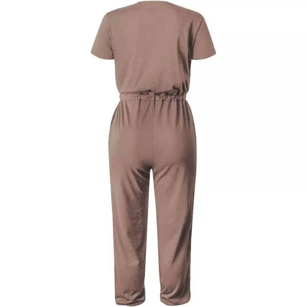 imagePRETTYGARDEN Womens Summer Casual Deep V Neck Short Sleeve Wrap Drawstring Waist Jumpsuit RomperDark Khaki