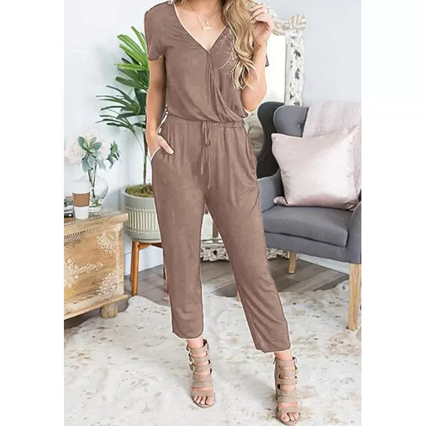 imagePRETTYGARDEN Womens Summer Casual Deep V Neck Short Sleeve Wrap Drawstring Waist Jumpsuit RomperDark Khaki