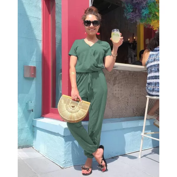 imagePRETTYGARDEN Womens Summer Casual Deep V Neck Short Sleeve Wrap Drawstring Waist Jumpsuit RomperFruit Green