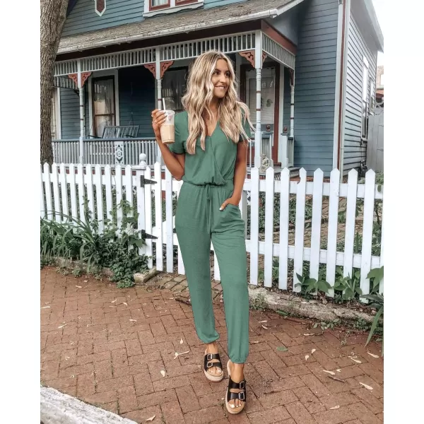 imagePRETTYGARDEN Womens Summer Casual Deep V Neck Short Sleeve Wrap Drawstring Waist Jumpsuit RomperFruit Green