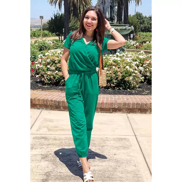 imagePRETTYGARDEN Womens Summer Casual Deep V Neck Short Sleeve Wrap Drawstring Waist Jumpsuit RomperGreen