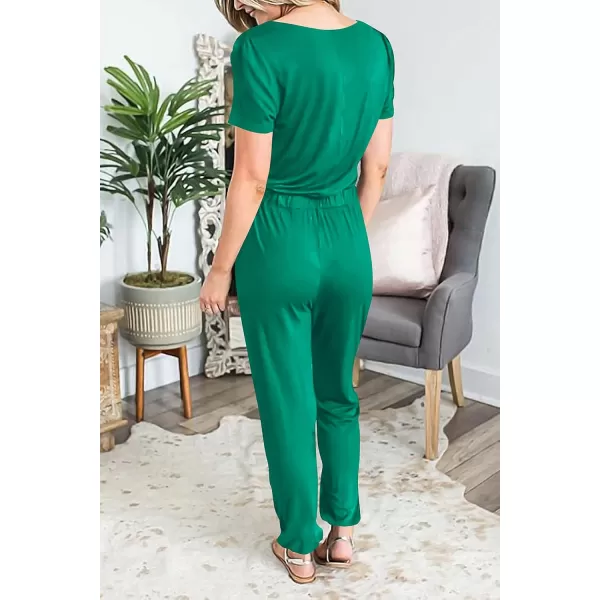 imagePRETTYGARDEN Womens Summer Casual Deep V Neck Short Sleeve Wrap Drawstring Waist Jumpsuit RomperGreen