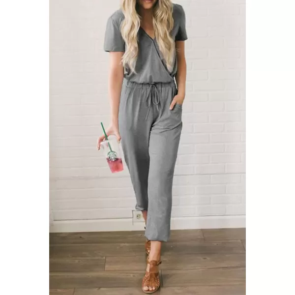 imagePRETTYGARDEN Womens Summer Casual Deep V Neck Short Sleeve Wrap Drawstring Waist Jumpsuit RomperGrey
