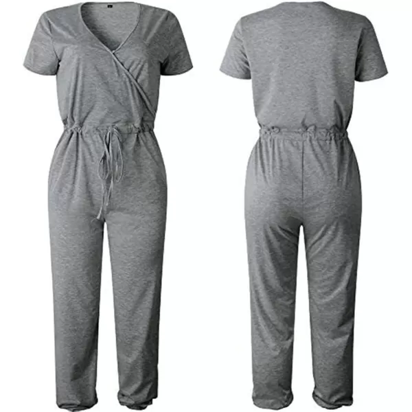 imagePRETTYGARDEN Womens Summer Casual Deep V Neck Short Sleeve Wrap Drawstring Waist Jumpsuit RomperGrey