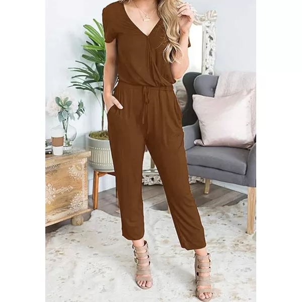 imagePRETTYGARDEN Womens Summer Casual Deep V Neck Short Sleeve Wrap Drawstring Waist Jumpsuit RomperLight Brown