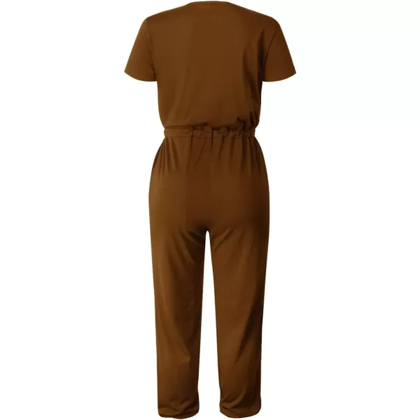 imagePRETTYGARDEN Womens Summer Casual Deep V Neck Short Sleeve Wrap Drawstring Waist Jumpsuit RomperLight Brown