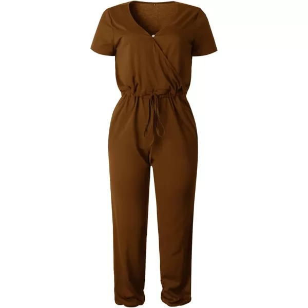imagePRETTYGARDEN Womens Summer Casual Deep V Neck Short Sleeve Wrap Drawstring Waist Jumpsuit RomperLight Brown